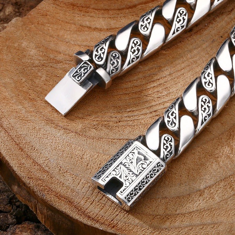 925 Sterling Silver Bracelet Tangcao Pattern Cuban Men Thick Type